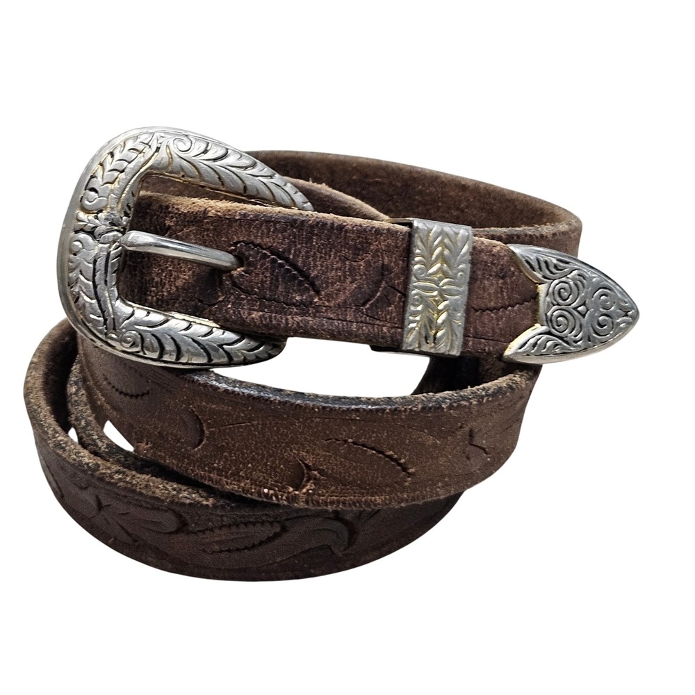 Western Tooled Leather Belt Womens S Brown Silver Engraved Buckle‎ Boho Rustic
